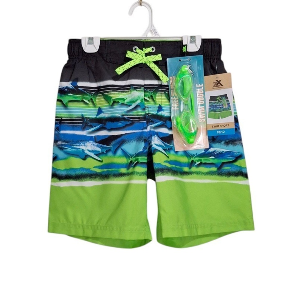 ZeroXposur Swim Shorts 10 12 Neon Lime Tidal Sharks Goggles UPF 50+ Board Trunks